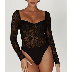 Meshki Women's Black Cheryl Lace Bodysuit Corset Bustier Sheer Romantic Medium